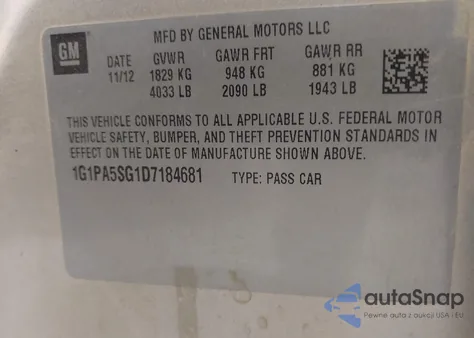 2013 Chevrolet Cruze Ls Auto z USA, uszkodzony, nr VIN 1G1PA5SG1D7184681